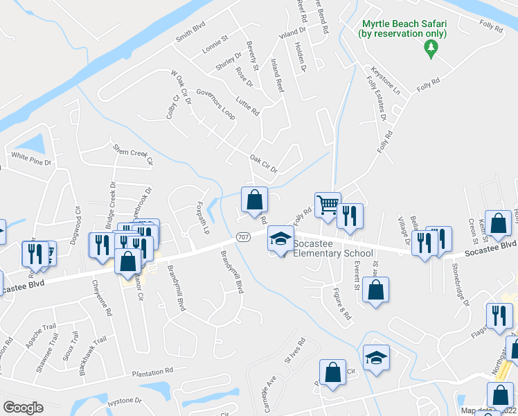 map of restaurants, bars, coffee shops, grocery stores, and more near 200 Luttie Rd in Myrtle Beach