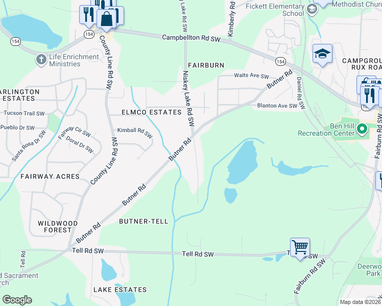 map of restaurants, bars, coffee shops, grocery stores, and more near 2484 Butner Road in Atlanta