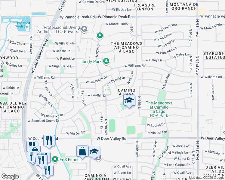 map of restaurants, bars, coffee shops, grocery stores, and more near 22425 North 96th Lane in Peoria