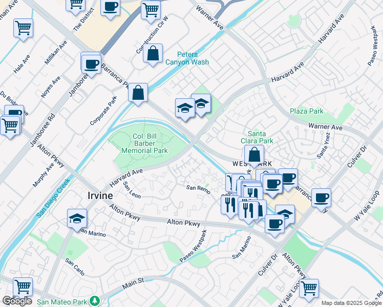 map of restaurants, bars, coffee shops, grocery stores, and more near 19 Imperial Aisle in Irvine