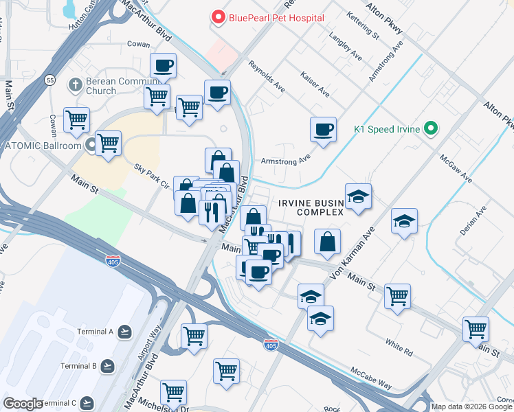 map of restaurants, bars, coffee shops, grocery stores, and more near 158 Placemark in Irvine