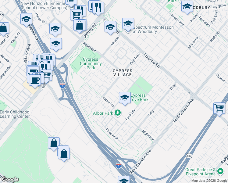map of restaurants, bars, coffee shops, grocery stores, and more near 106 Mountain Violet in Irvine