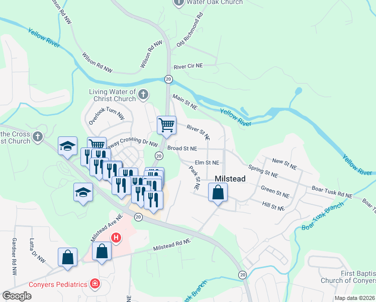 map of restaurants, bars, coffee shops, grocery stores, and more near 1550 Elm Street Northeast in Conyers