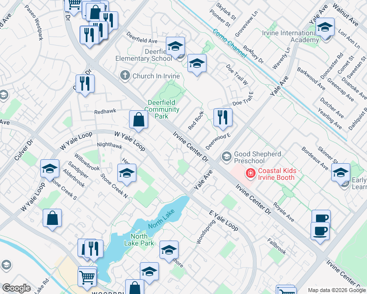 map of restaurants, bars, coffee shops, grocery stores, and more near 83 Pinewood in Irvine