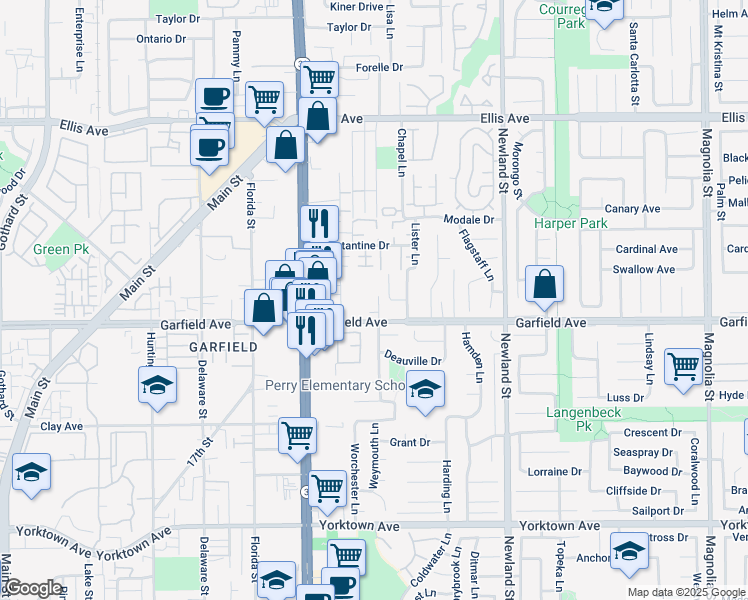 map of restaurants, bars, coffee shops, grocery stores, and more near 8191 Garfield Avenue in Huntington Beach