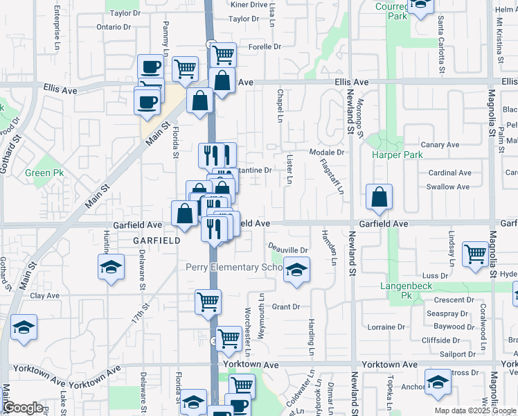 map of restaurants, bars, coffee shops, grocery stores, and more near 8191 Garfield Avenue in Huntington Beach