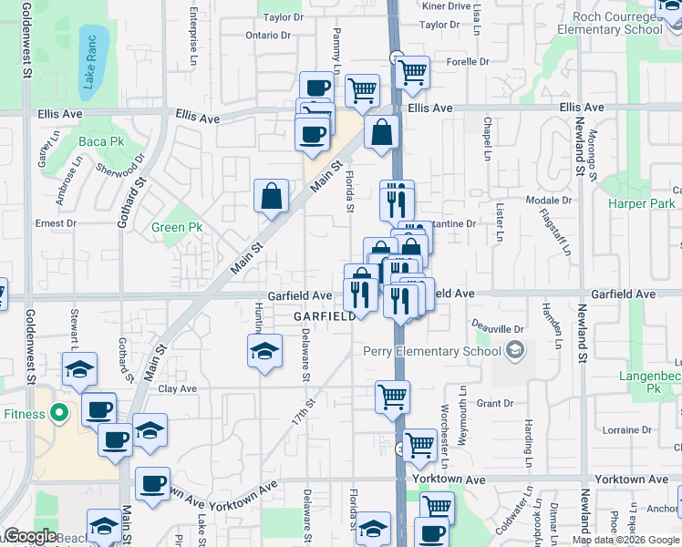 map of restaurants, bars, coffee shops, grocery stores, and more near 7851 Garfield Avenue in Huntington Beach