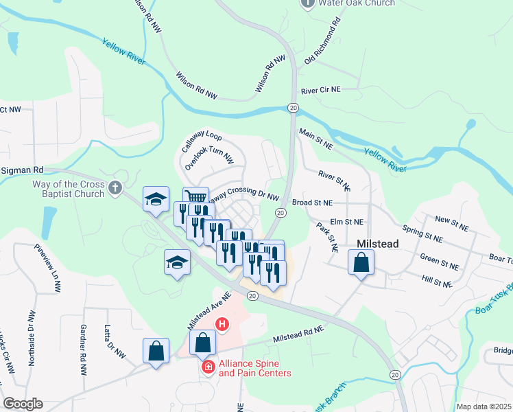 map of restaurants, bars, coffee shops, grocery stores, and more near 215 Odyssey Turn Northwest in Conyers