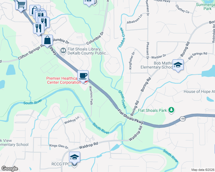 map of restaurants, bars, coffee shops, grocery stores, and more near 4226 Flat Shoals Parkway in Decatur