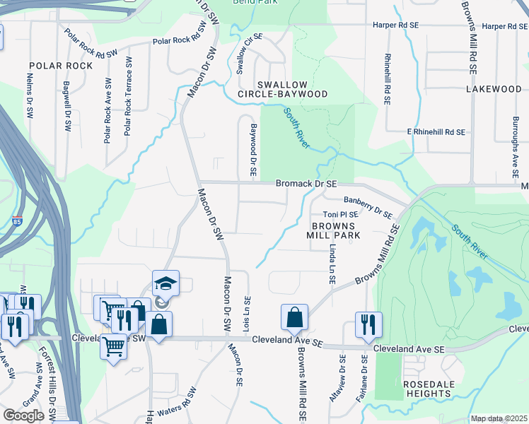 map of restaurants, bars, coffee shops, grocery stores, and more near 121 Hillsdale Drive Southeast in Atlanta