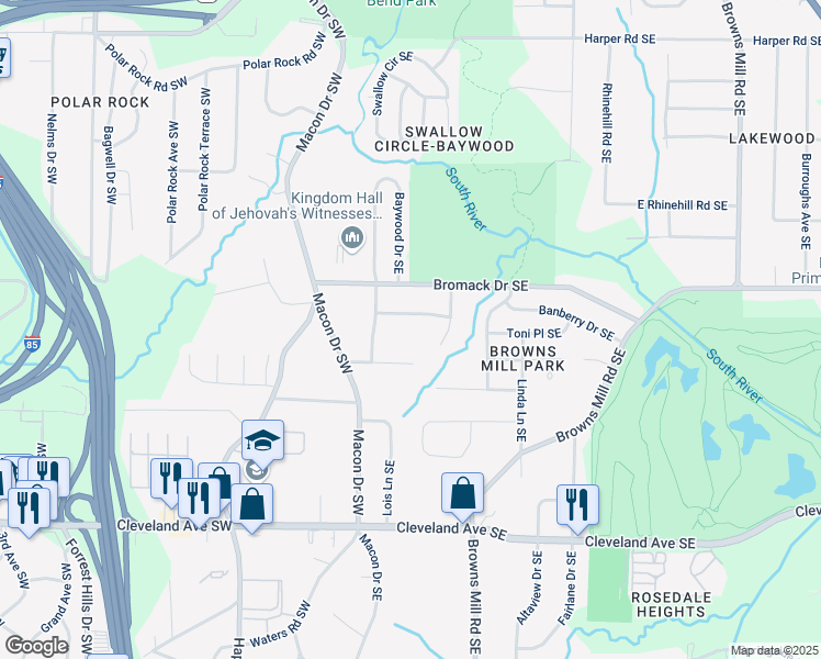 map of restaurants, bars, coffee shops, grocery stores, and more near 117 Hillsdale Drive Southeast in Atlanta