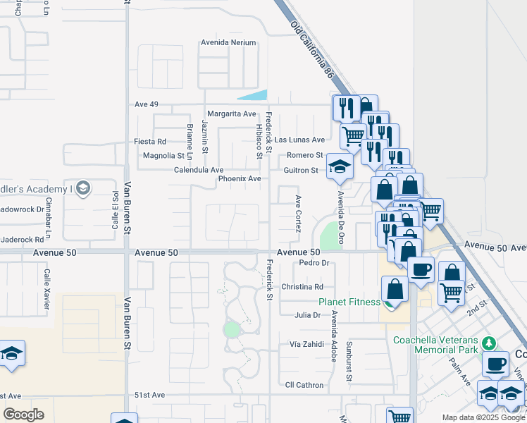 map of restaurants, bars, coffee shops, grocery stores, and more near Redondo Este in Coachella