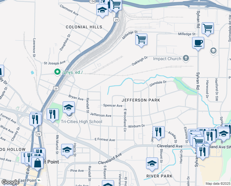 map of restaurants, bars, coffee shops, grocery stores, and more near 2436 West Woodland Circle in East Point