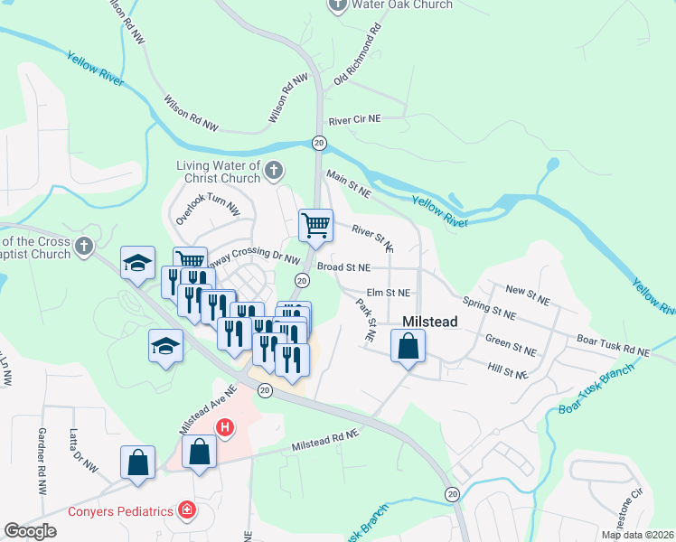 map of restaurants, bars, coffee shops, grocery stores, and more near 1550 Elm Street Northeast in Conyers