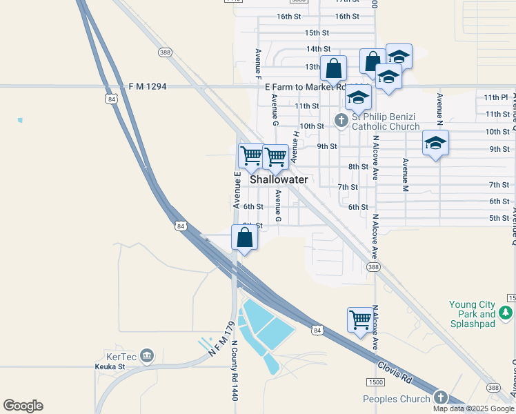 map of restaurants, bars, coffee shops, grocery stores, and more near 599 Avenue F in Shallowater