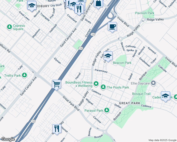 map of restaurants, bars, coffee shops, grocery stores, and more near 216 Paramount in Irvine