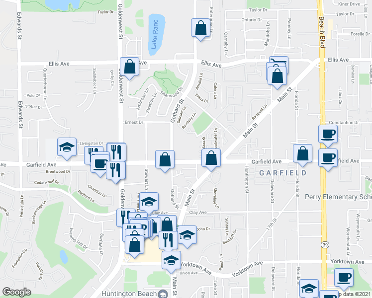 map of restaurants, bars, coffee shops, grocery stores, and more near 7351 Garfield Avenue in Huntington Beach