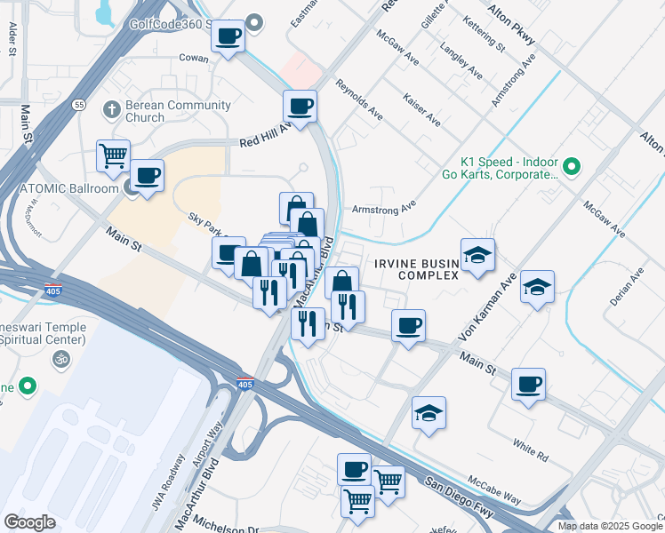 map of restaurants, bars, coffee shops, grocery stores, and more near 113 Placemark in Irvine