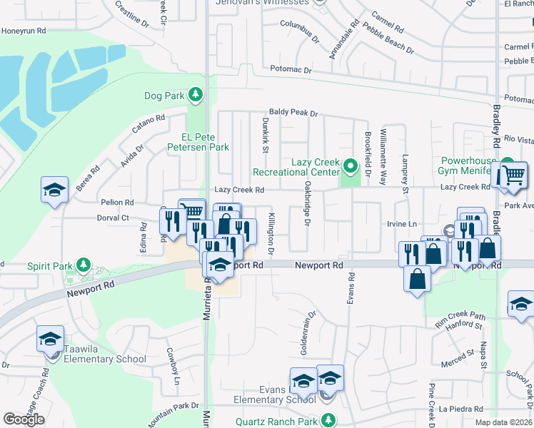 map of restaurants, bars, coffee shops, grocery stores, and more near 29815 Killington Drive in Menifee