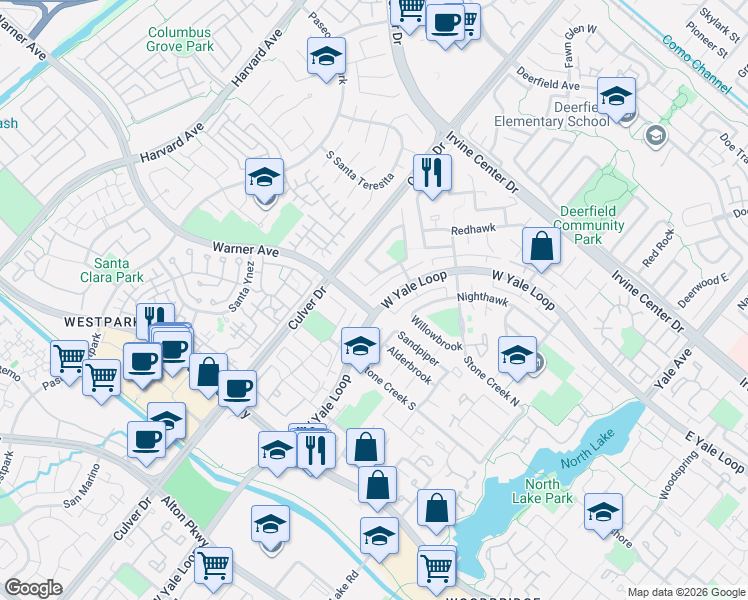 map of restaurants, bars, coffee shops, grocery stores, and more near 144 West Yale Loop in Irvine