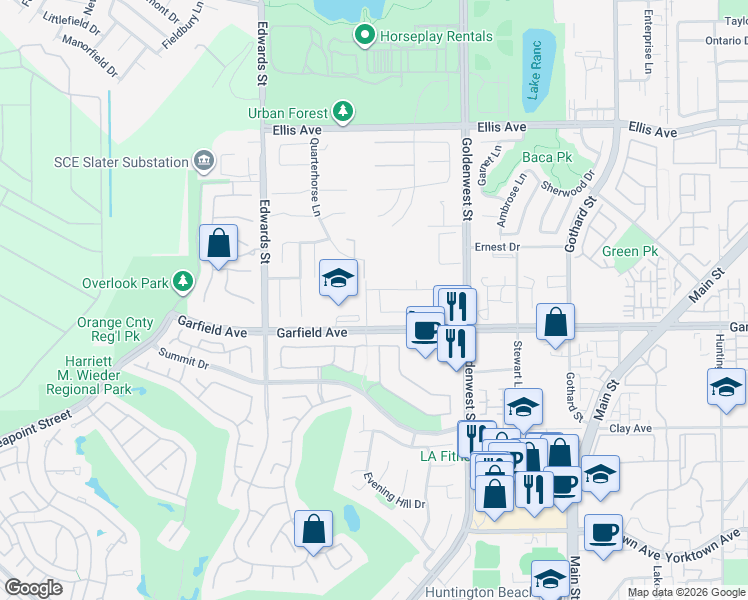 map of restaurants, bars, coffee shops, grocery stores, and more near 6816 Turf Drive in Huntington Beach