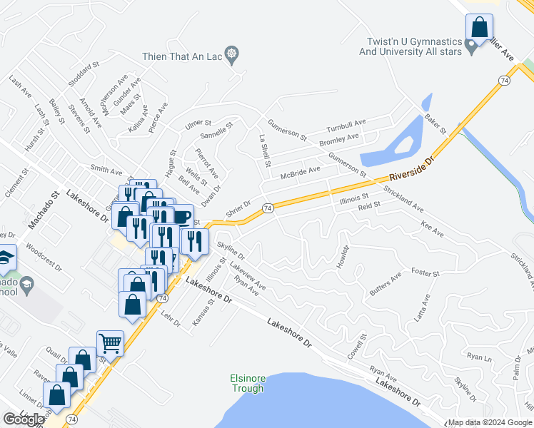 map of restaurants, bars, coffee shops, grocery stores, and more near 29484 Riverside Drive in Lake Elsinore