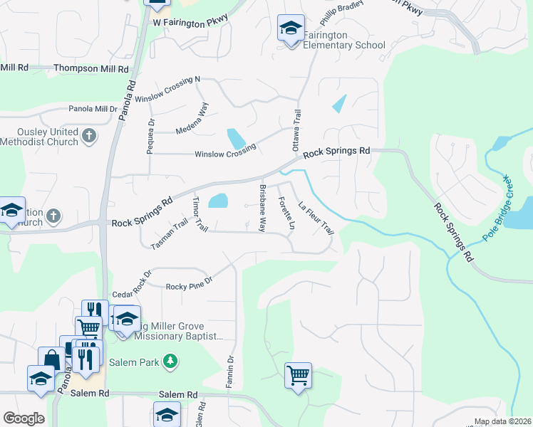 map of restaurants, bars, coffee shops, grocery stores, and more near 3264 Brisbane Way in Stonecrest