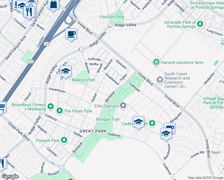 map of restaurants, bars, coffee shops, grocery stores, and more near 100 Diamondback in Irvine