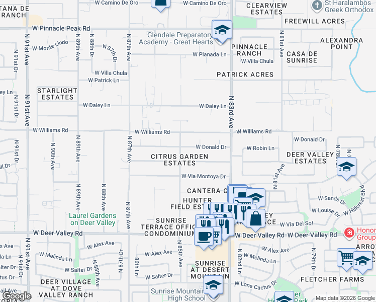 map of restaurants, bars, coffee shops, grocery stores, and more near 8442 West Foothill Drive in Peoria