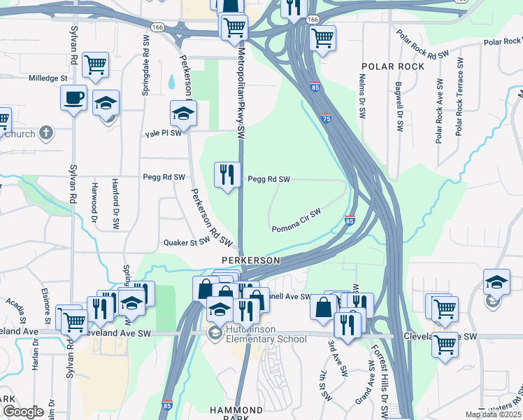 map of restaurants, bars, coffee shops, grocery stores, and more near 509 Pomona Circle Southwest in Atlanta
