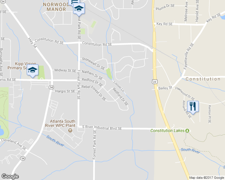 map of restaurants, bars, coffee shops, grocery stores, and more near 1350 Redford Drive Southeast in Atlanta