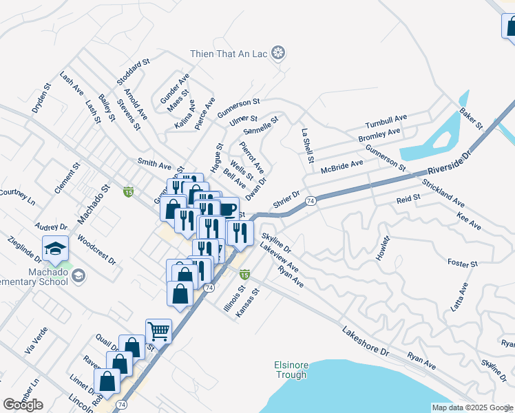 map of restaurants, bars, coffee shops, grocery stores, and more near Riverside Drive in Lake Elsinore