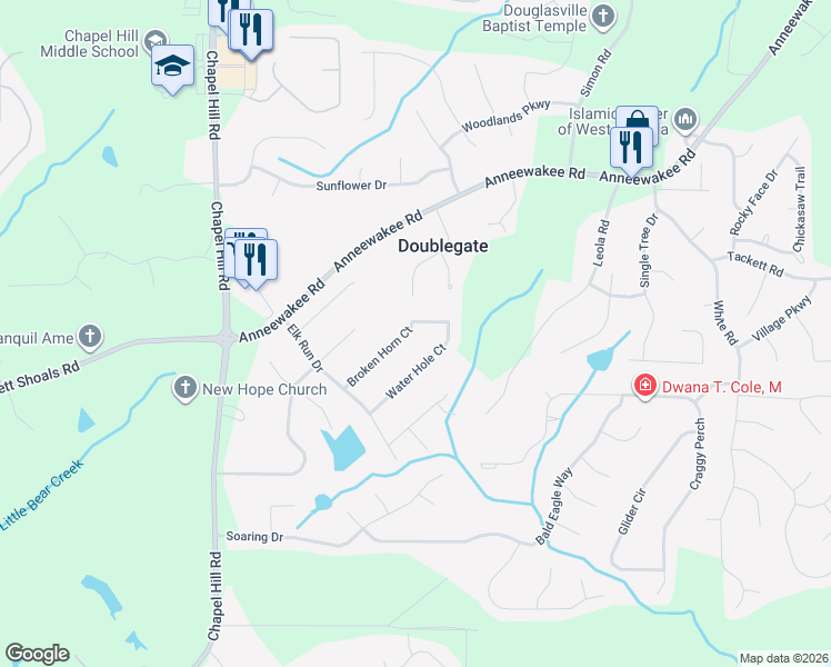 map of restaurants, bars, coffee shops, grocery stores, and more near 3968 Broken Horn Court in Douglasville