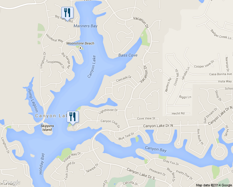 map of restaurants, bars, coffee shops, grocery stores, and more near 22568 Castle Crag Drive in Canyon Lake