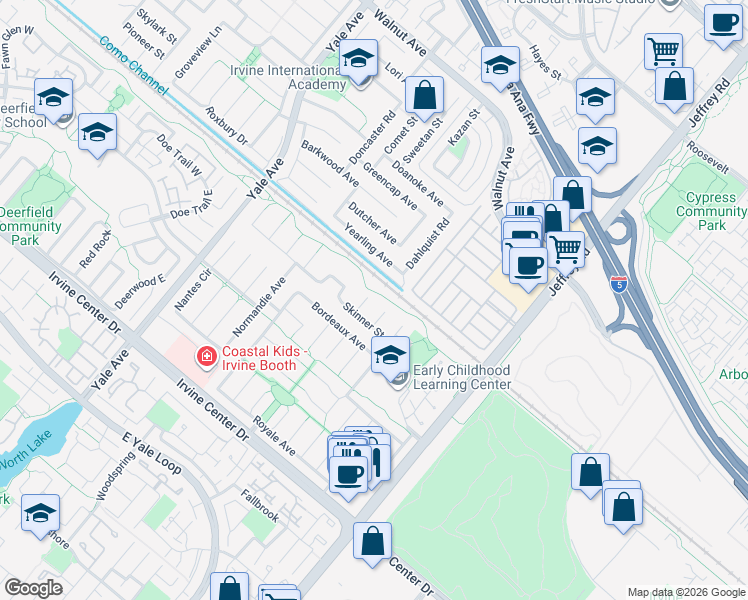 map of restaurants, bars, coffee shops, grocery stores, and more near 15052 Clemons Circle in Irvine