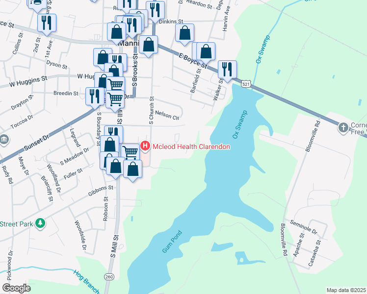 map of restaurants, bars, coffee shops, grocery stores, and more near 204 East Hospital Street in Manning