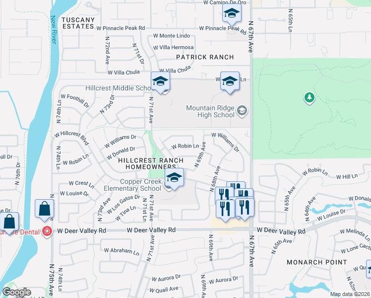 map of restaurants, bars, coffee shops, grocery stores, and more near 6937 West Via Montoya Drive in Glendale