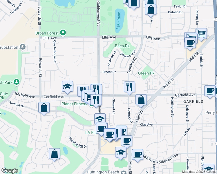 map of restaurants, bars, coffee shops, grocery stores, and more near 18906 Goldenwest Street in Huntington Beach