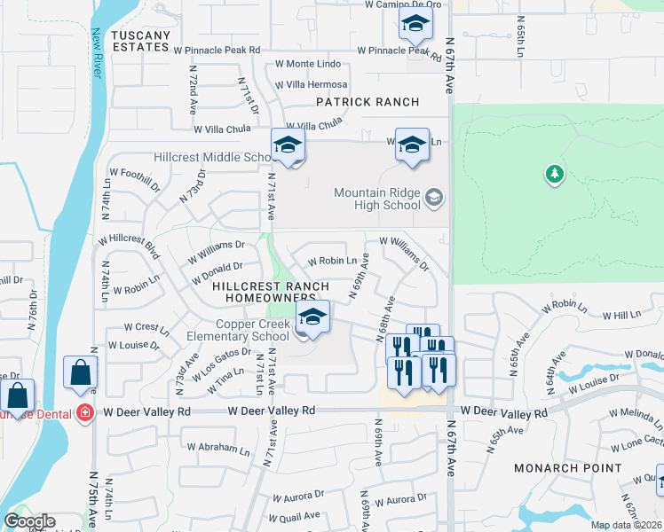 map of restaurants, bars, coffee shops, grocery stores, and more near 6937 West Via Montoya Drive in Glendale