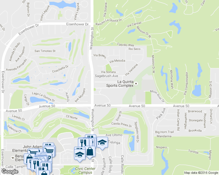 map of restaurants, bars, coffee shops, grocery stores, and more near 78646 Saguaro Road in La Quinta