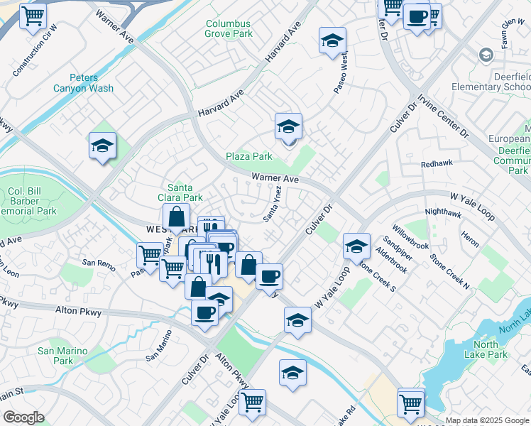 map of restaurants, bars, coffee shops, grocery stores, and more near 111 Santa Ynez in Irvine