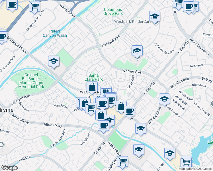 map of restaurants, bars, coffee shops, grocery stores, and more near 1400 Solvay Aisle in Irvine