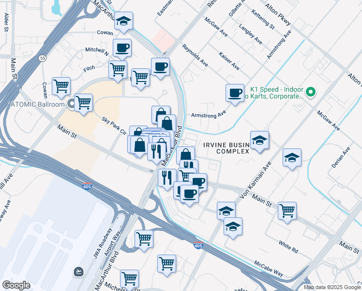map of restaurants, bars, coffee shops, grocery stores, and more near 17828 Gillette Avenue in Irvine