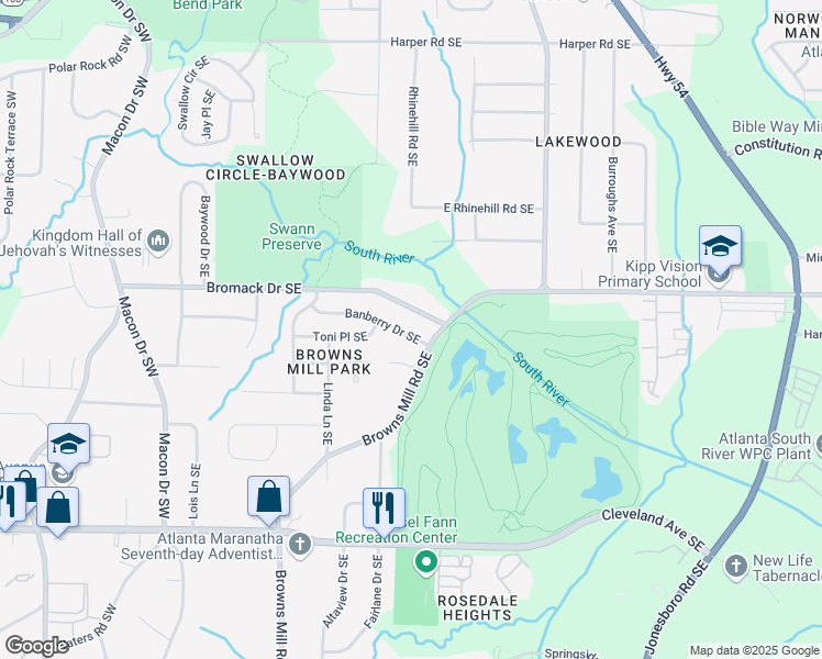 map of restaurants, bars, coffee shops, grocery stores, and more near 311 Banberry Drive Southeast in Atlanta