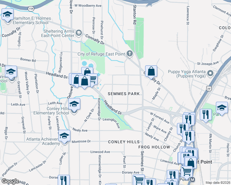 map of restaurants, bars, coffee shops, grocery stores, and more near 1924 Spring Avenue in East Point