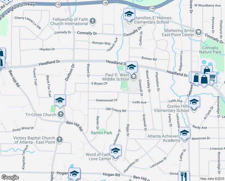 map of restaurants, bars, coffee shops, grocery stores, and more near 2432 Woodhill Lane in East Point