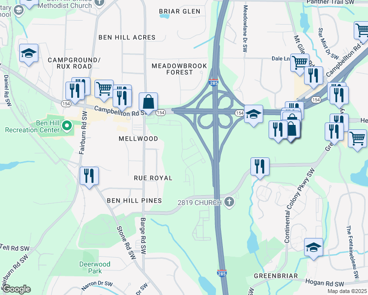 map of restaurants, bars, coffee shops, grocery stores, and more near 105 Feeney Lane in Villa Rica