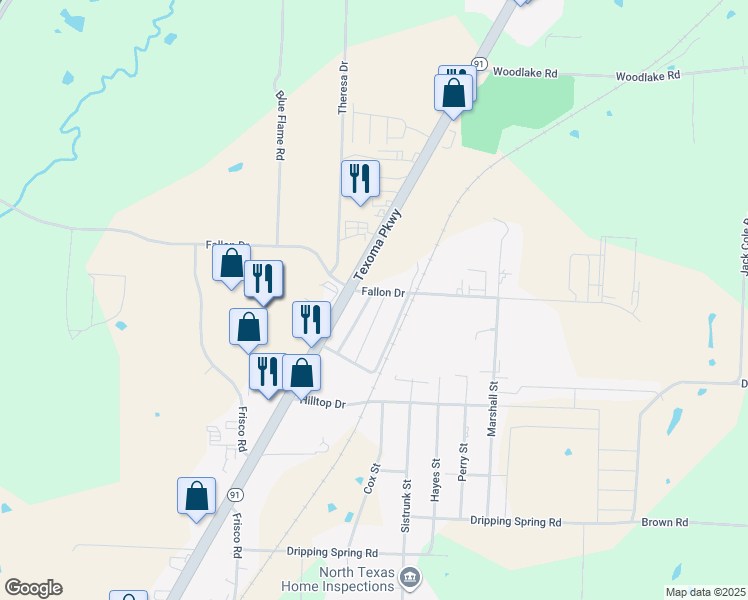 map of restaurants, bars, coffee shops, grocery stores, and more near 4835 Timberview Drive in Sherman