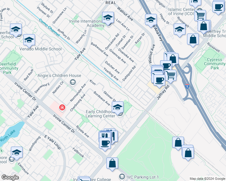 map of restaurants, bars, coffee shops, grocery stores, and more near 15052 Clemons Circle in Irvine
