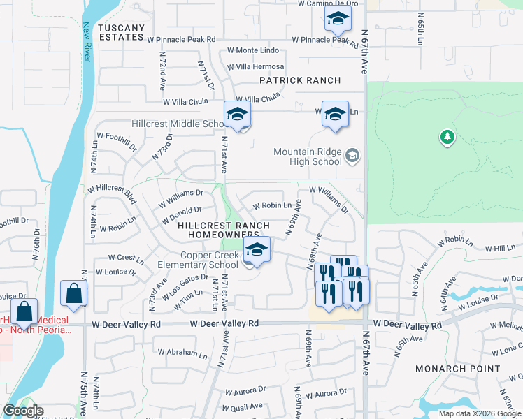 map of restaurants, bars, coffee shops, grocery stores, and more near 6937 West Via Montoya Drive in Glendale
